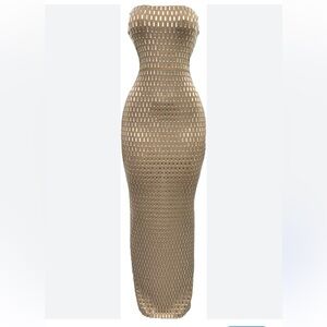 Tan Strapless Maxi Dress with silver beads